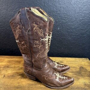 Circle G Boots Womens Size 9.5 Brown‎ Leather Western Embroidered Cross L5039